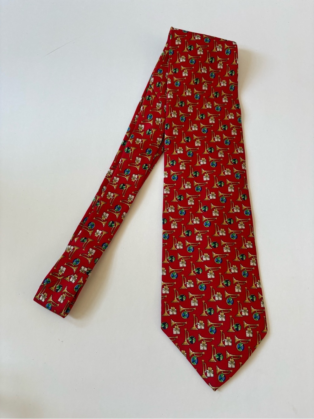 VNTG Ho-Ho-Ho Red Novelty Tie 100% Silk Handmade Christmas XMas Present Horn